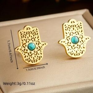 Gold Hamsa Hand Earrings with Turquoise Accent